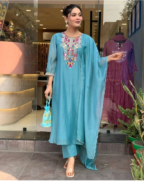 KDC 5563 New Collection  latest collection Chanderi* suit with cotton pant naazmin dupatta- beautiful embroidery  - Blue, M-38