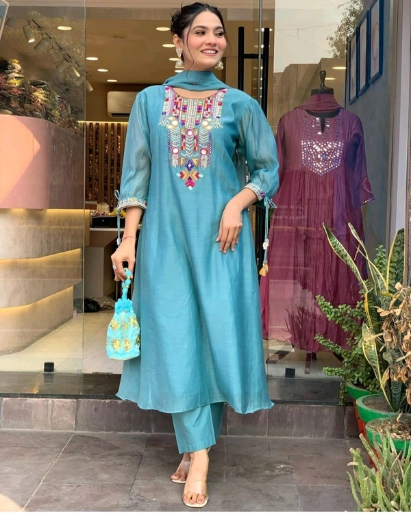 KDC 5563 New Collection  latest collection Chanderi* suit with cotton pant naazmin dupatta- beautiful embroidery  - Blue, L-40