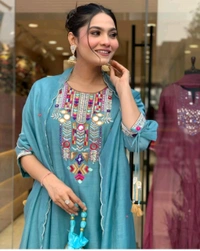 KDC 5563 New Collection  latest collection Chanderi* suit with cotton pant naazmin dupatta- beautiful embroidery  - Blue, L-40