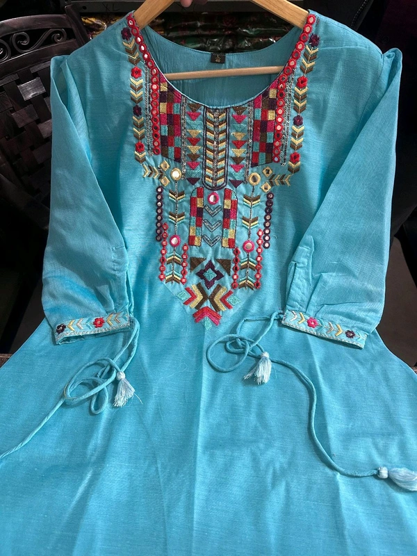 KDC 5563 New Collection  latest collection Chanderi* suit with cotton pant naazmin dupatta- beautiful embroidery  - Blue, L-40