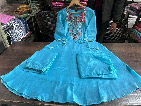 KDC 5563 New Collection  latest collection Chanderi* suit with cotton pant naazmin dupatta- beautiful embroidery  - Blue, L-40