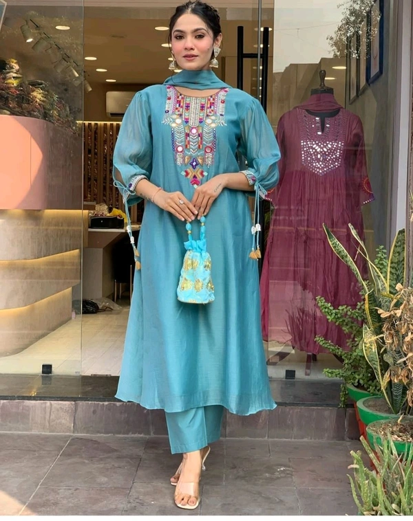 KDC 5563 New Collection  latest collection Chanderi* suit with cotton pant naazmin dupatta- beautiful embroidery  - Blue, XL-42