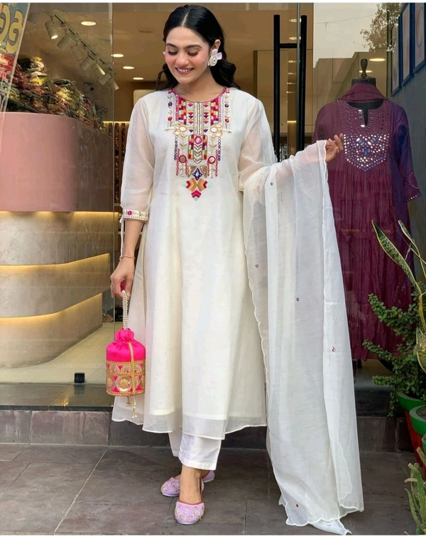 KDC 5563 New Collection  latest collection Chanderi* suit with cotton pant naazmin dupatta- beautiful embroidery  - White, M-38