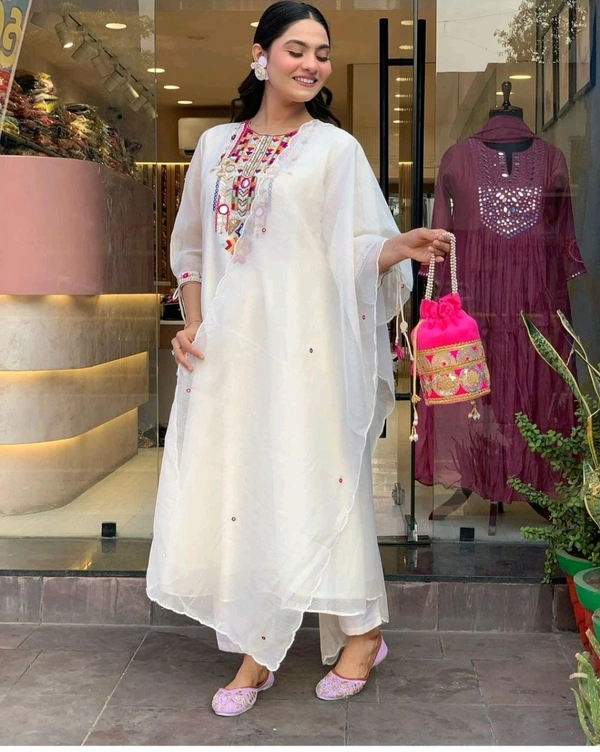 KDC 5563 New Collection  latest collection Chanderi* suit with cotton pant naazmin dupatta- beautiful embroidery  - White, L-40