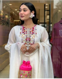 KDC 5563 New Collection  latest collection Chanderi* suit with cotton pant naazmin dupatta- beautiful embroidery  - White, L-40