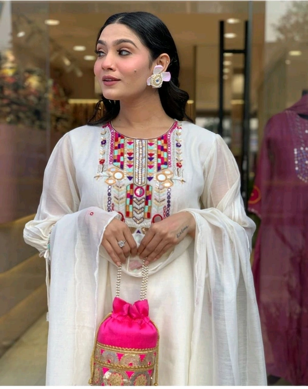 KDC 5563 New Collection  latest collection Chanderi* suit with cotton pant naazmin dupatta- beautiful embroidery  - White, L-40