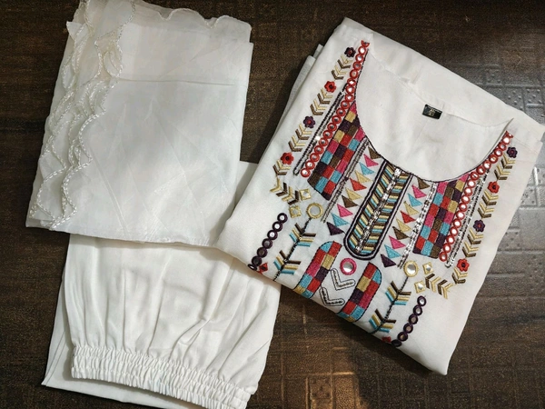 KDC 5563 New Collection  latest collection Chanderi* suit with cotton pant naazmin dupatta- beautiful embroidery  - White, L-40