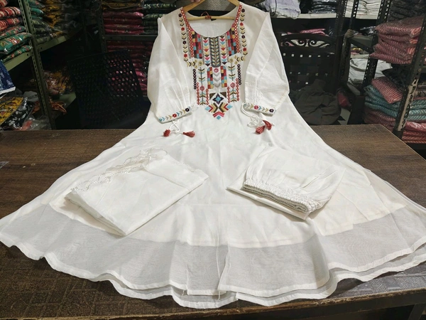 KDC 5563 New Collection  latest collection Chanderi* suit with cotton pant naazmin dupatta- beautiful embroidery  - White, XL-42