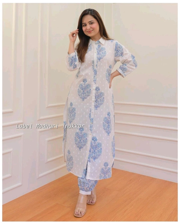 SF2  5566 *New Launch Artical Premium Pure Cotton Fabric styles Kurta Pant Set  - Blue, L-40