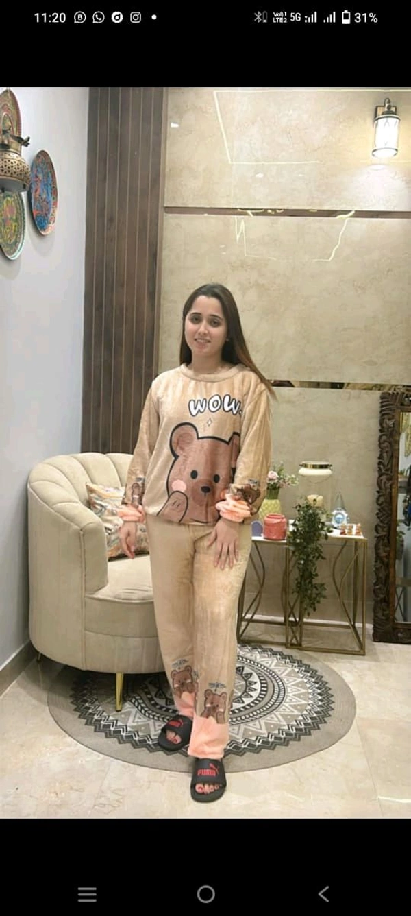 KD18  5570 New Collection Women  woollen  night suit - Brown, XL-42