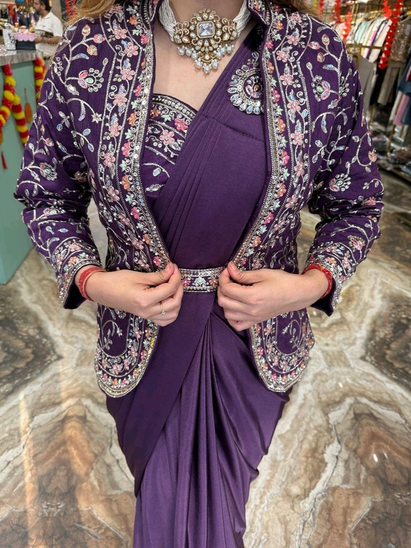 DSS 5572  Super Hit Ready To Wear Saree With Jacket Saree  Heavy Diamond Satin Silk With Multi Thread Embroidery  - 2XL-44