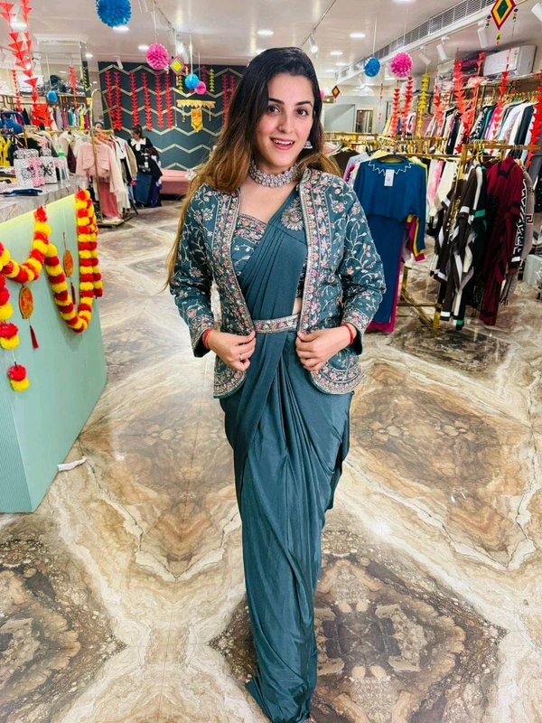 DSS 5574 Ready To Wear Saree With Jacket Saree  Heavy Diamond Satin Silk With Multi Thread Embroidery  Patch Work Butta  - 2XL-44