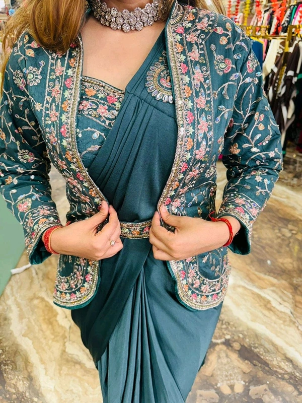 DSS 5574 Ready To Wear Saree With Jacket Saree  Heavy Diamond Satin Silk With Multi Thread Embroidery  Patch Work Butta  - 2XL-44