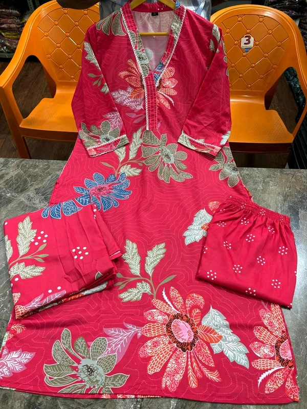 SF3  5577 New straight kurta set with new style in machin   print   -Muslim Work Embroidery  work - Red, L-40