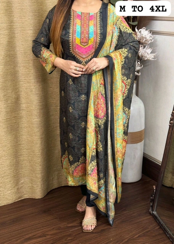 SF3  5580 *NEW BEUTIFUL HEAVY FULLY STITCHIED SUIT SET beautiful Heavy Suit Set which is beautifully decorated HEAVY Maslin  SILK - Black, L-40