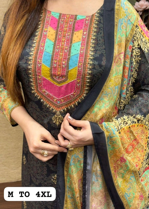 SF3  5580 *NEW BEUTIFUL HEAVY FULLY STITCHIED SUIT SET beautiful Heavy Suit Set which is beautifully decorated HEAVY Maslin  SILK - Black, 2XL-44