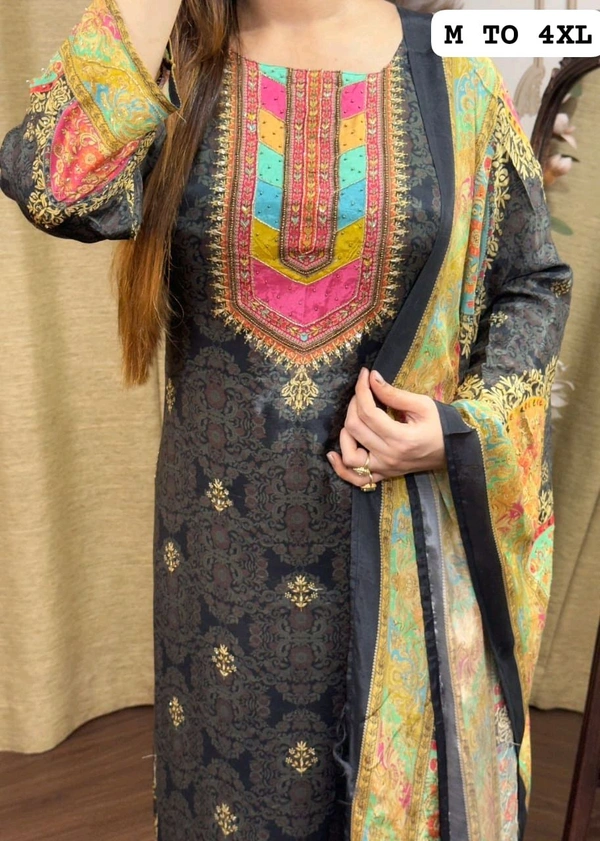 SF3  5580 *NEW BEUTIFUL HEAVY FULLY STITCHIED SUIT SET beautiful Heavy Suit Set which is beautifully decorated HEAVY Maslin  SILK - Black, 2XL-44
