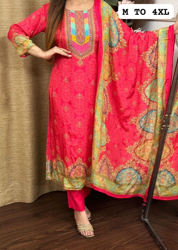 SF3  5580 *NEW BEUTIFUL HEAVY FULLY STITCHIED SUIT SET beautiful Heavy Suit Set which is beautifully decorated HEAVY Maslin  SILK - Red, 2XL-44