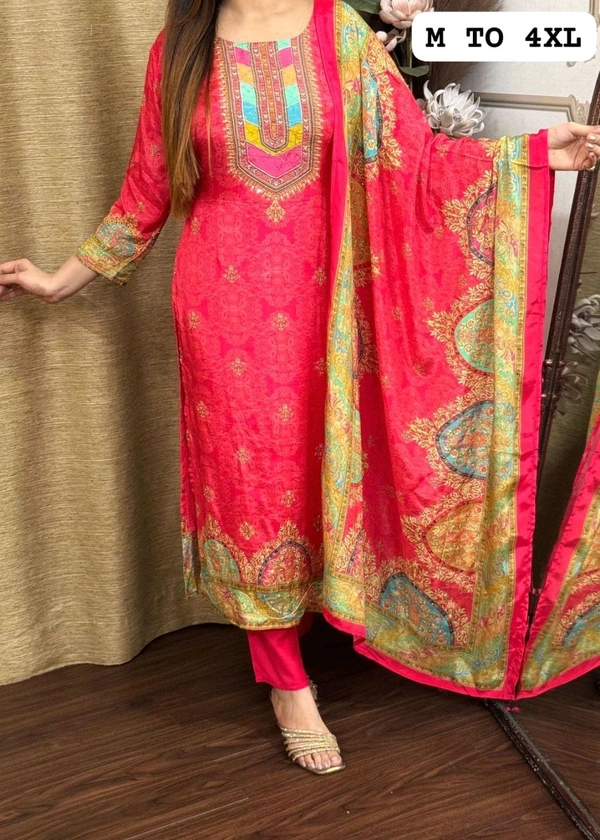 SF3  5580 *NEW BEUTIFUL HEAVY FULLY STITCHIED SUIT SET beautiful Heavy Suit Set which is beautifully decorated HEAVY Maslin  SILK - Red, 4XL-48