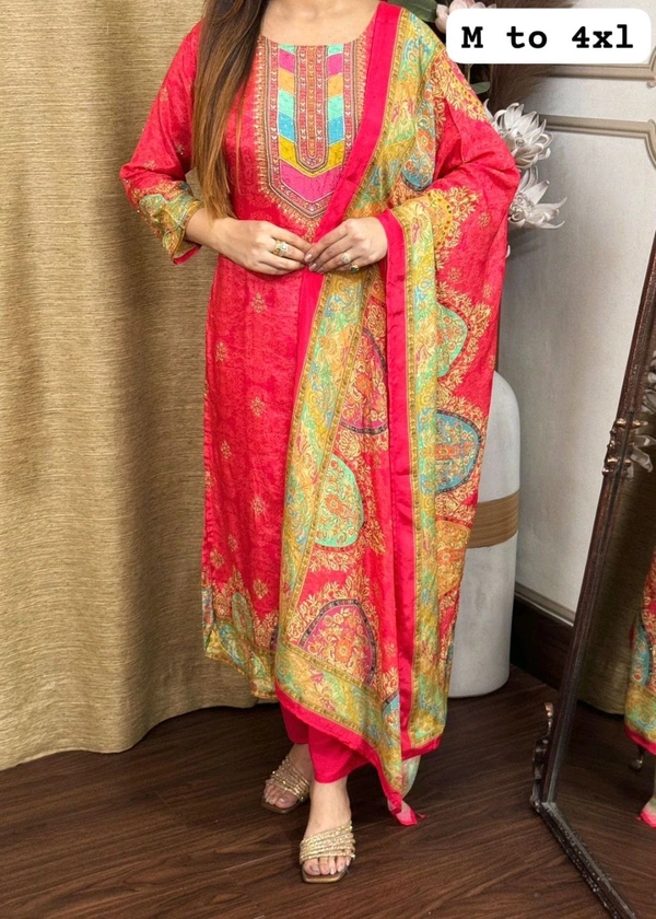 SF3  5580 *NEW BEUTIFUL HEAVY FULLY STITCHIED SUIT SET beautiful Heavy Suit Set which is beautifully decorated HEAVY Maslin  SILK - Red, 4XL-48