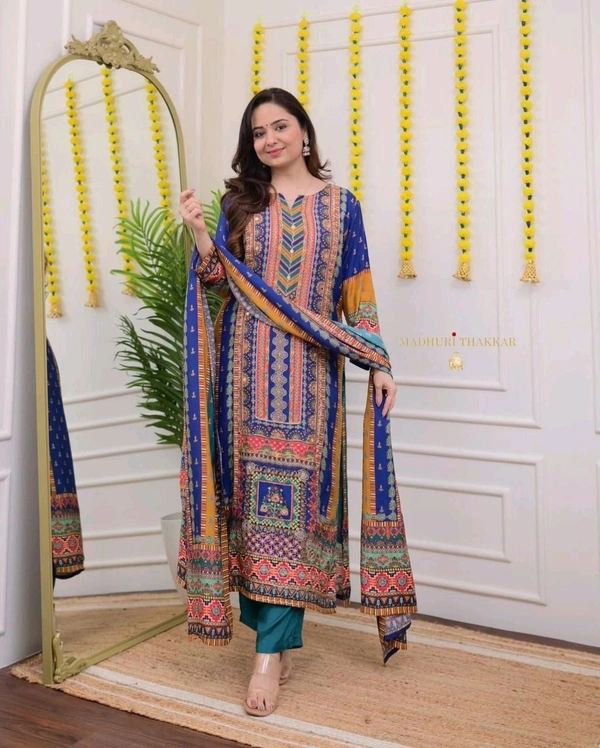 SF3  5581 *NEW Havy Silk Multicoloured  print with work 3 pic suit set  print & work and full lining with silk pent and  dupatta  - Blue, 3XL-46