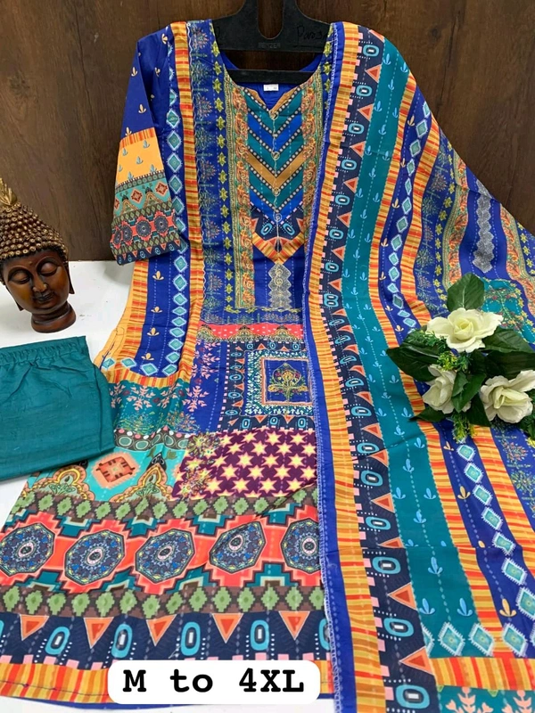 SF3  5581 *NEW Havy Silk Multicoloured  print with work 3 pic suit set  print & work and full lining with silk pent and  dupatta  - Blue, 3XL-46