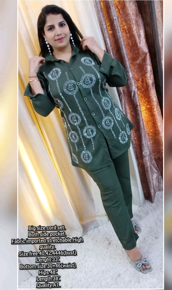 KD18  5584 Big size cord set Both side pocket Fabric imported stretchable High quality - Green, L-40