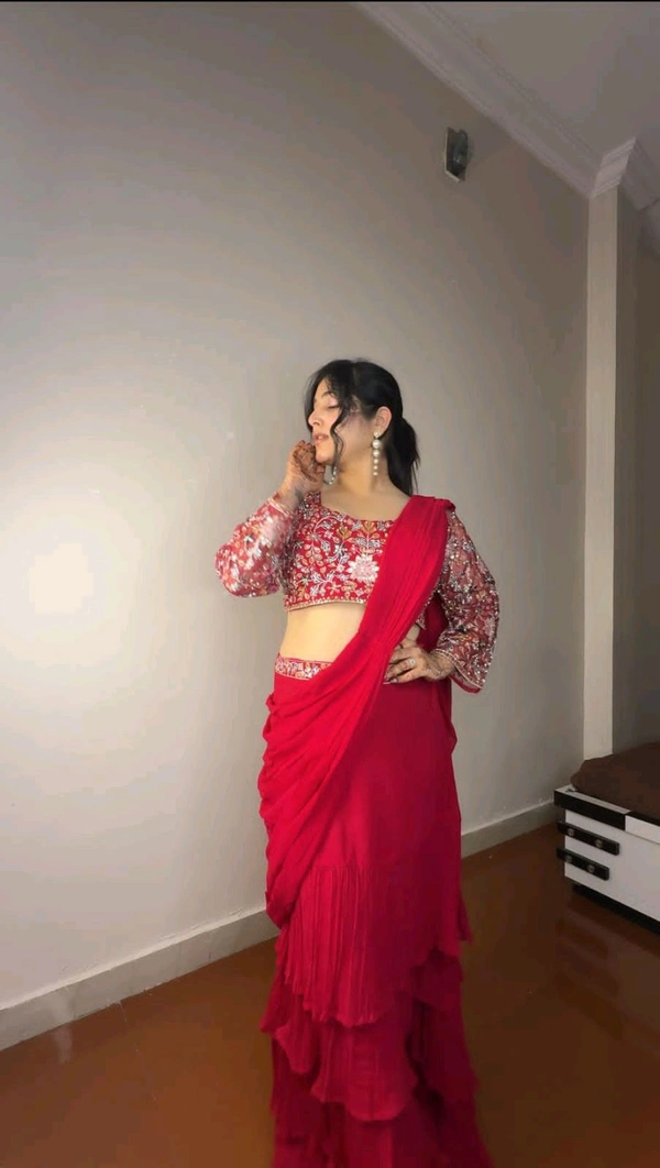 DSS 5585  Georgette Ruffle Ready To Wear Saree With Readymade Blouse Design Multi Thread Embroidery Sequence Work - Pink, XL-42