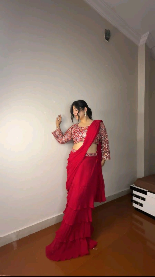 DSS 5585  Georgette Ruffle Ready To Wear Saree With Readymade Blouse Design Multi Thread Embroidery Sequence Work - Pink, XL-42