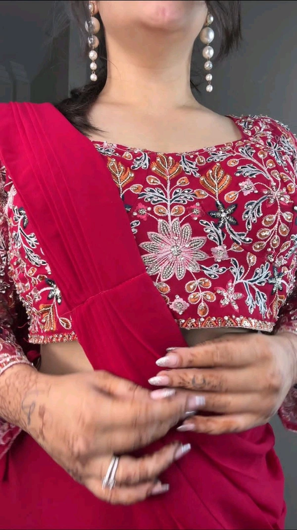 DSS 5585  Georgette Ruffle Ready To Wear Saree With Readymade Blouse Design Multi Thread Embroidery Sequence Work - Pink, XL-42