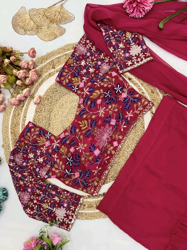 DSS 5585  Georgette Ruffle Ready To Wear Saree With Readymade Blouse Design Multi Thread Embroidery Sequence Work - Pink, XL-42