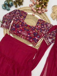 DSS 5585  Georgette Ruffle Ready To Wear Saree With Readymade Blouse Design Multi Thread Embroidery Sequence Work - Pink, XL-42