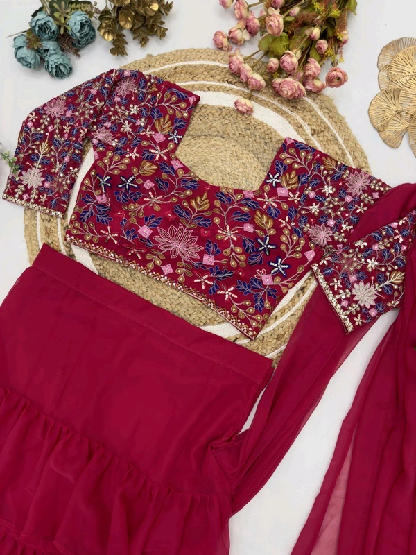 DSS 5585  Georgette Ruffle Ready To Wear Saree With Readymade Blouse Design Multi Thread Embroidery Sequence Work - Pink, XL-42