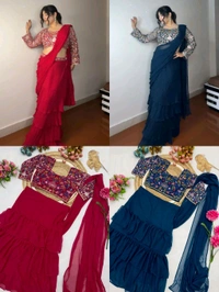 DSS 5585  Georgette Ruffle Ready To Wear Saree With Readymade Blouse Design Multi Thread Embroidery Sequence Work - Pink, XL-42