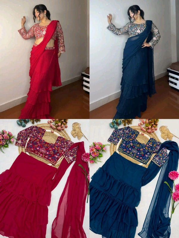 DSS 5585  Georgette Ruffle Ready To Wear Saree With Readymade Blouse Design Multi Thread Embroidery Sequence Work - Pink, XL-42