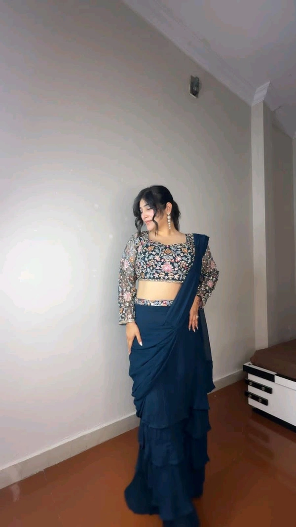 DSS 5585  Georgette Ruffle Ready To Wear Saree With Readymade Blouse Design Multi Thread Embroidery Sequence Work - Blue, 2XL-44