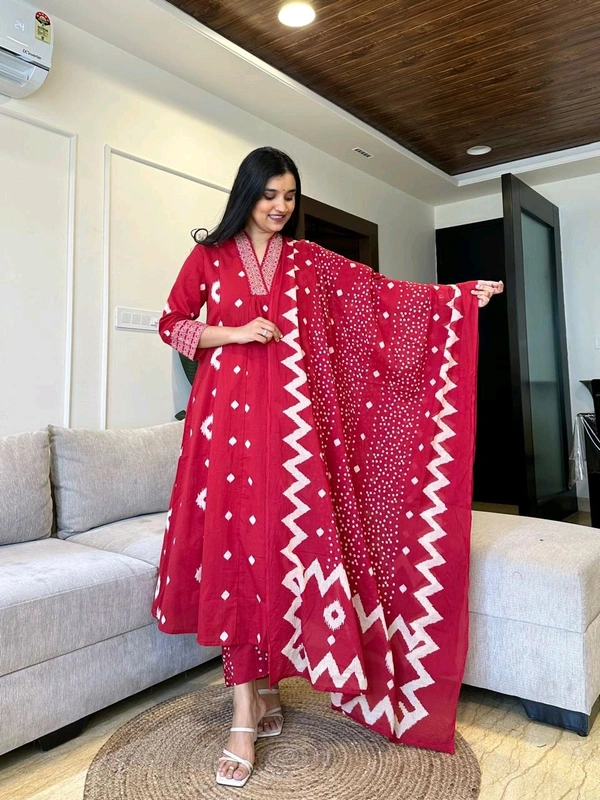 SF3  5587 New Quality *Premium Heavy Cotton Full Printer Dress With Printed Plazzo Border Handwork With Malmal Printed Dupatta - Red, 2XL-44
