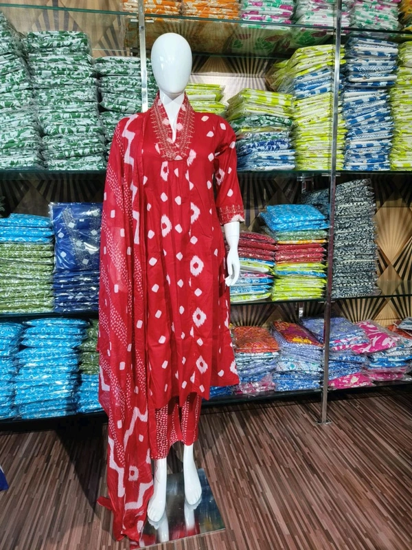 SF3  5587 New Quality *Premium Heavy Cotton Full Printer Dress With Printed Plazzo Border Handwork With Malmal Printed Dupatta - Red, 2XL-44