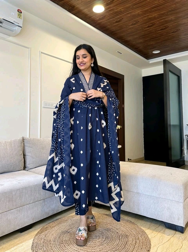 SF3  5587 New Quality *Premium Heavy Cotton Full Printer Dress With Printed Plazzo Border Handwork With Malmal Printed Dupatta - Blue, L-40