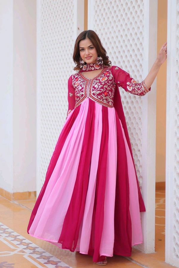 DSS 5588 New Festival Long Gown & Duptta  Fox Georgette*Work  Thred Embroidery Work  - Pink, XL-42
