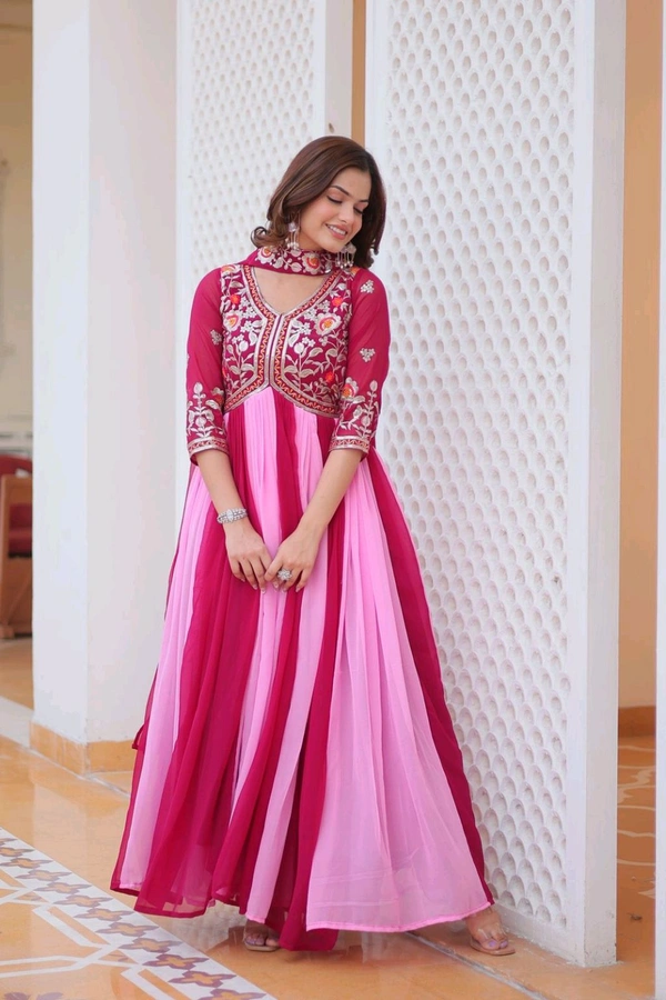 DSS 5588 New Festival Long Gown & Duptta  Fox Georgette*Work  Thred Embroidery Work  - Pink, XL-42