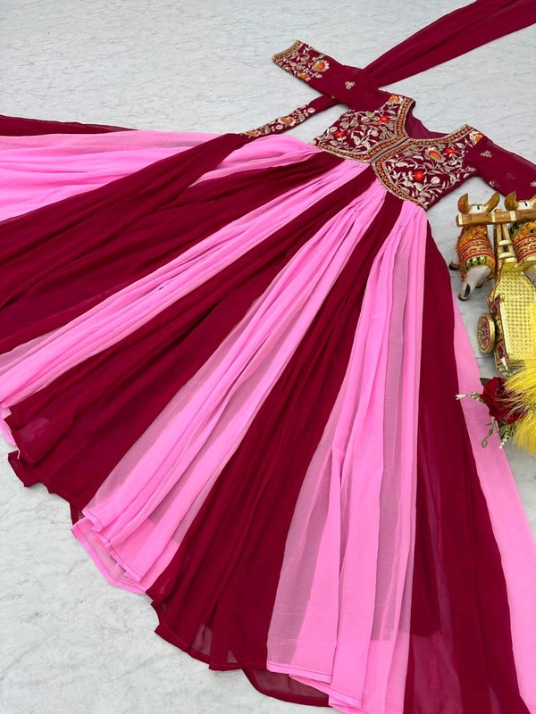 DSS 5588 New Festival Long Gown & Duptta  Fox Georgette*Work  Thred Embroidery Work  - Pink, XL-42