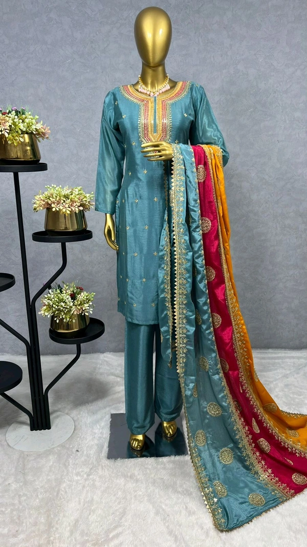 DSS 5584 *NEW EMBROIDERY WORK TOP - PENT WITH  BEAUTIFUL DUPATTA Pure chinon silk Fancy Embroidery sequence And thread work Heavy Micro Pure chinon silk - M-38