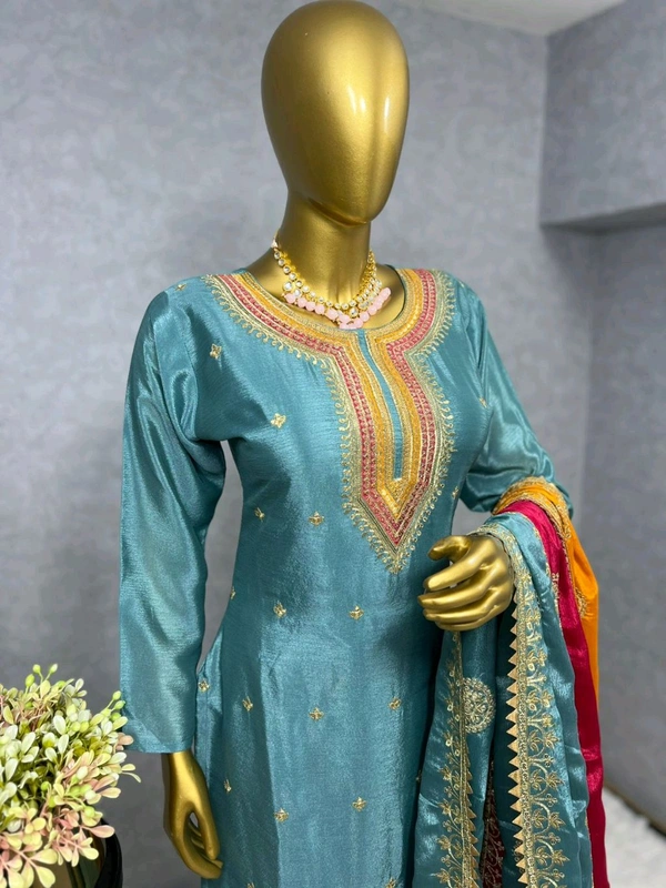 DSS 5584 *NEW EMBROIDERY WORK TOP - PENT WITH  BEAUTIFUL DUPATTA Pure chinon silk Fancy Embroidery sequence And thread work Heavy Micro Pure chinon silk - M-38