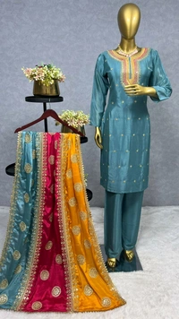 DSS 5584 *NEW EMBROIDERY WORK TOP - PENT WITH  BEAUTIFUL DUPATTA Pure chinon silk Fancy Embroidery sequence And thread work Heavy Micro Pure chinon silk - L-40