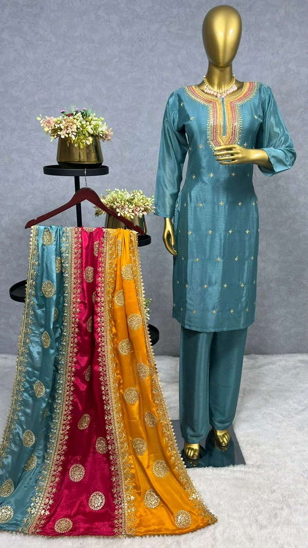 DSS 5584 *NEW EMBROIDERY WORK TOP - PENT WITH  BEAUTIFUL DUPATTA Pure chinon silk Fancy Embroidery sequence And thread work Heavy Micro Pure chinon silk - 2XL-44