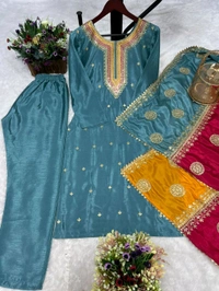DSS 5584 *NEW EMBROIDERY WORK TOP - PENT WITH  BEAUTIFUL DUPATTA Pure chinon silk Fancy Embroidery sequence And thread work Heavy Micro Pure chinon silk - 2XL-44