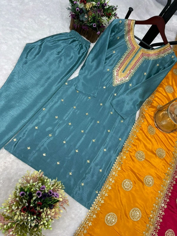 DSS 5584 *NEW EMBROIDERY WORK TOP - PENT WITH  BEAUTIFUL DUPATTA Pure chinon silk Fancy Embroidery sequence And thread work Heavy Micro Pure chinon silk - 2XL-44