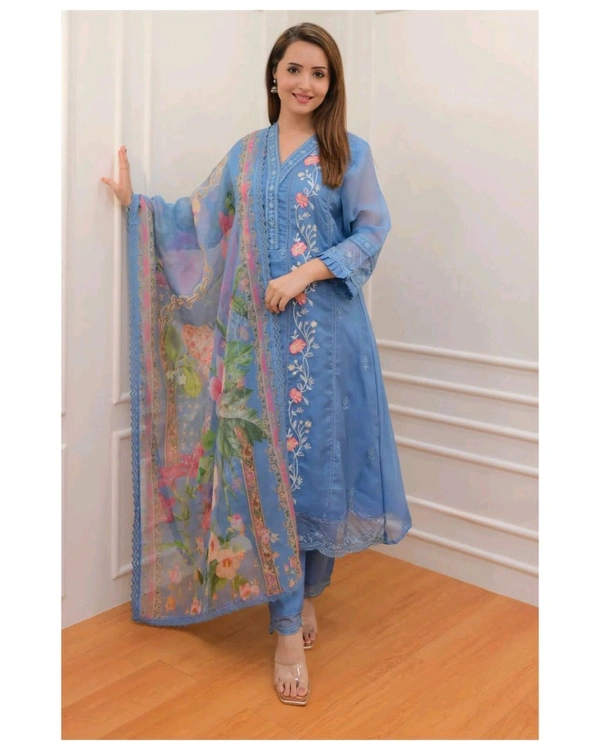 DSS 5586 New  Anarkali gown with Beautiful Featuring organza embroidery work and full lining with pent and digital organza dupatta with embroidery work lace - Blue, L-40