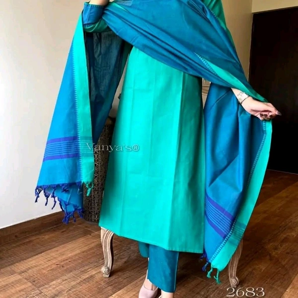 NEV 5593 *South cotton handloom kurti with temple border on yoke and sleeves Paried with handloom cotton pants and dupatta**🌹🌹Pure fine South cotton fabric handloom cotton dupatta - L-40